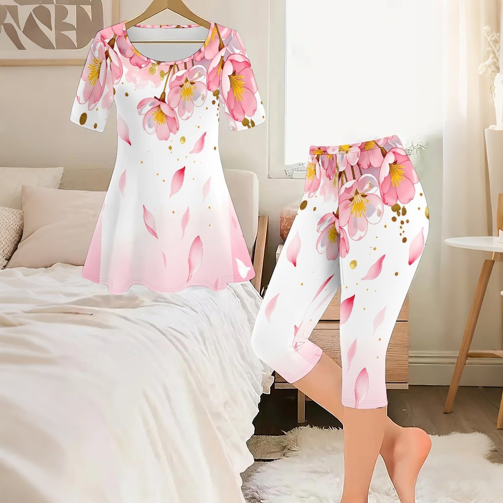 Romper Floral Print - 2ピース ヴィンテージプリント ツーピースセット レディース カジュアル 半袖