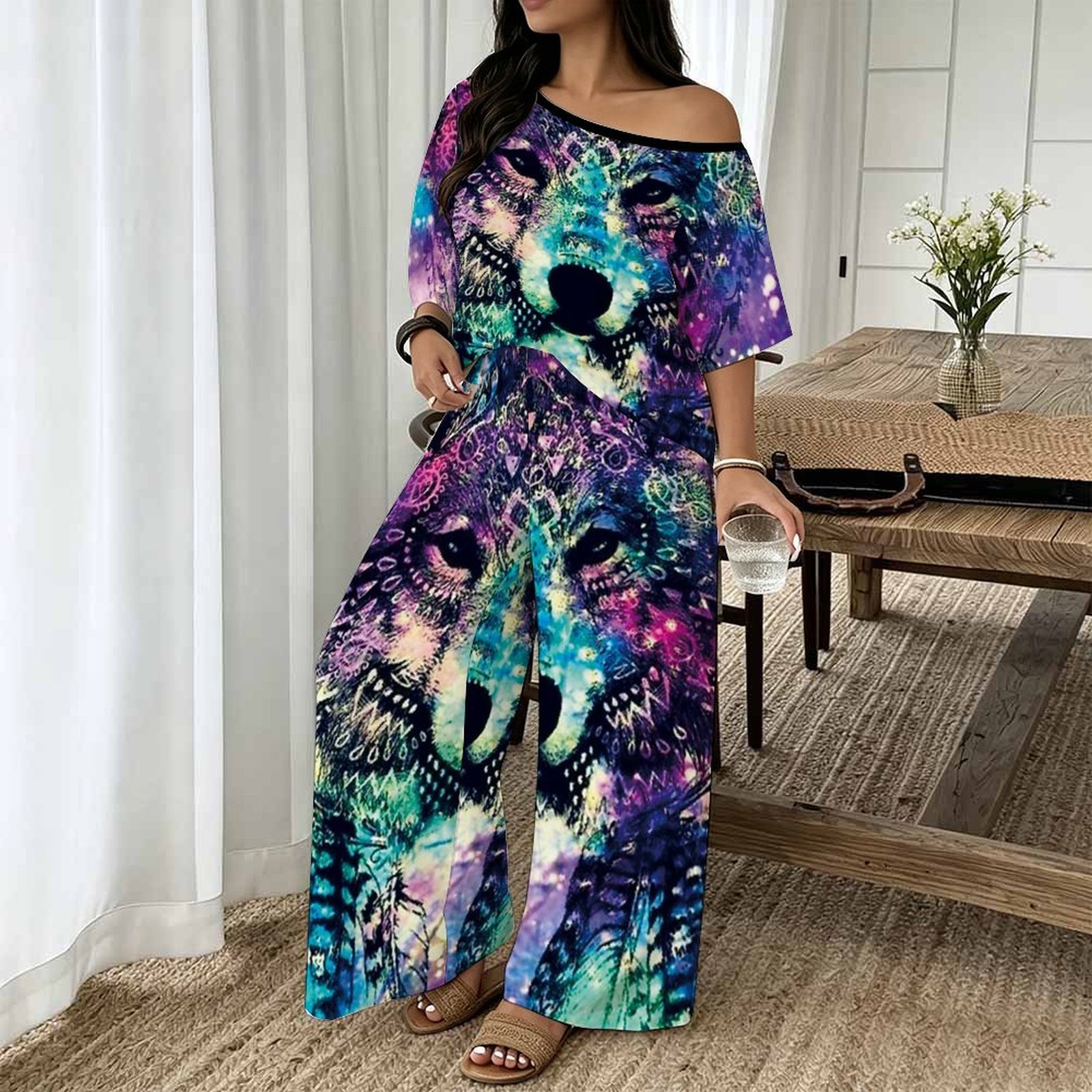 Blouse Off Shoulder - プラスサイズ女性用春夏ファッションプリントツーピースオフショルダーラウンドネックTシャツカジュアルバケーションロングパンツ