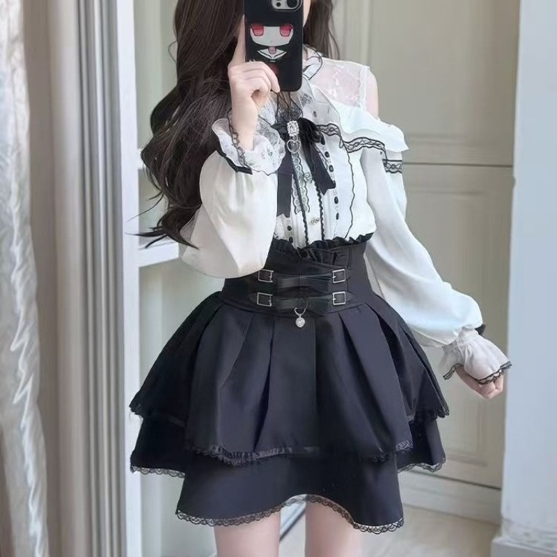 日本のゴシックY2Kロリータスタイルセット 女性用スイートレ - Blouse Off Shoulder のレビューと価格