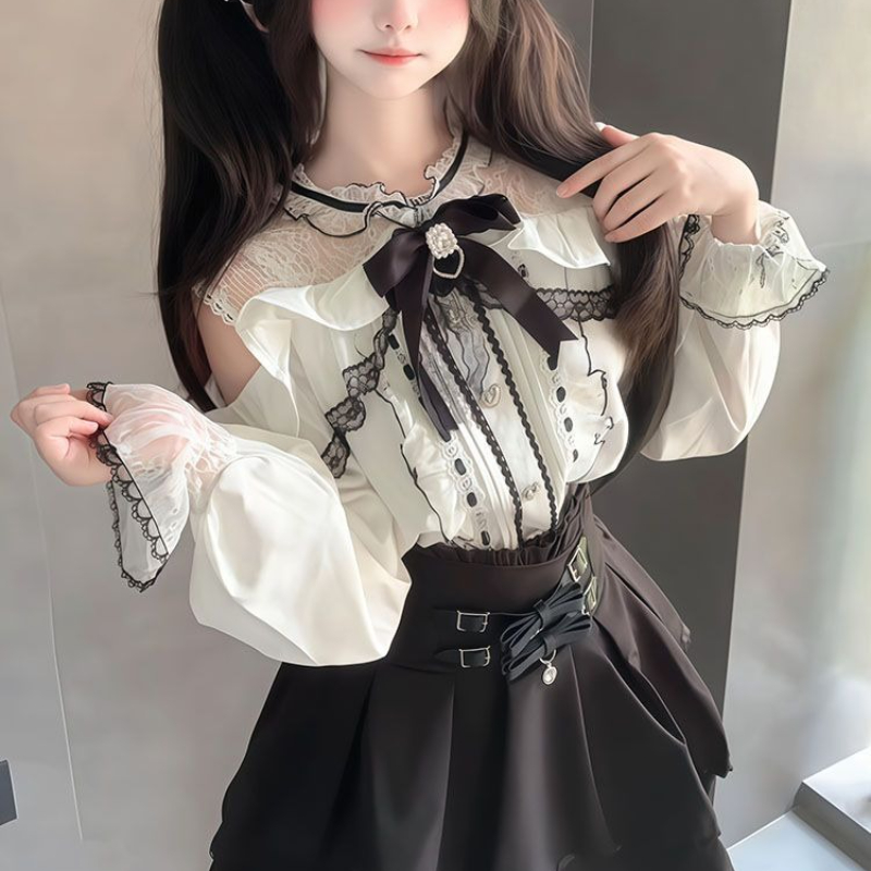 日本のゴシックY2Kロリータスタイルセット 女性用スイートレ - Blouse Off Shoulder のレビューと価格